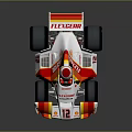 White Red Yellow Striped Racing Car with Shell Flylon Logos Helmeted Driver and Number 12