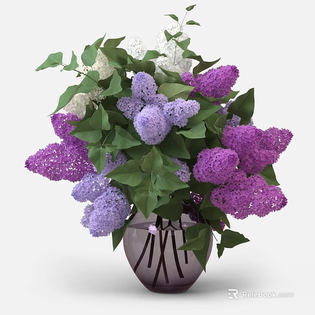 Transparent Vase With Purple And White Lilac Flowers And Green Leaves 3d model 