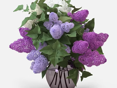 Transparent Vase With Purple And White Lilac Flowers And Green Leaves 3d model