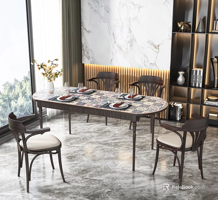 Elegant Modern Dining Table Set With Oval Patterned Top And Wooden Upholstered Chairs 3d model 