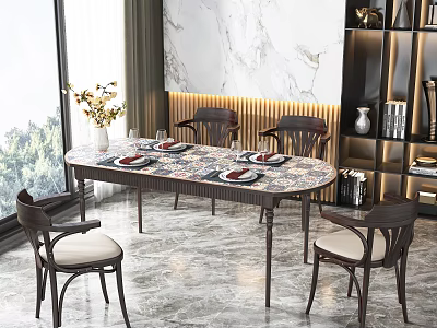 Elegant Modern Dining Table Set With Oval Patterned Top And Wooden Upholstered Chairs 3d model