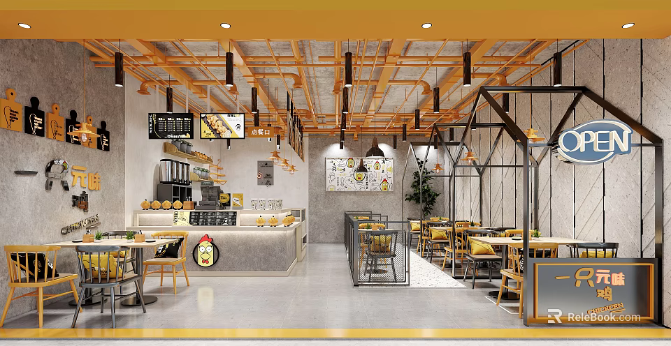 Modern Restaurant Interior With Warm Tone Ceiling Open Layout Counter Tables And Chairs 3d model