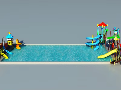 Colorful Playground Equipment With Slides And Canopies On Both Sides Of Swimming Pool 3d model