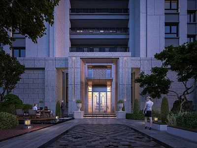 Elegant Building Entrance Gate With Illuminated Glass Door And Stone Facade Landscaped Surroundings 3d model