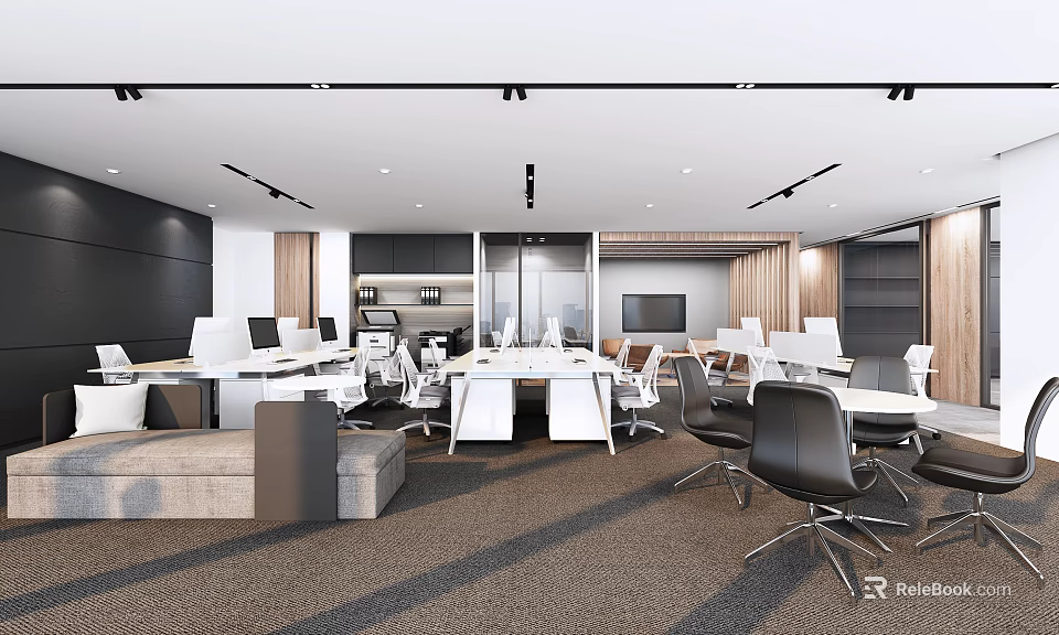 Modern Open Public Office Space With Desks Office Chairs Computers And Sofa 3d model 