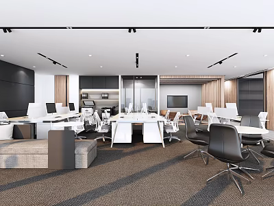 Modern Open Public Office Space With Desks Office Chairs Computers And Sofa 3d model