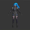3D Character Model With Blue Long Hair And Black Armor Outfit