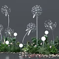Dandelion Sculptures With Green Plants And White Spherical Lights In Garden Decor