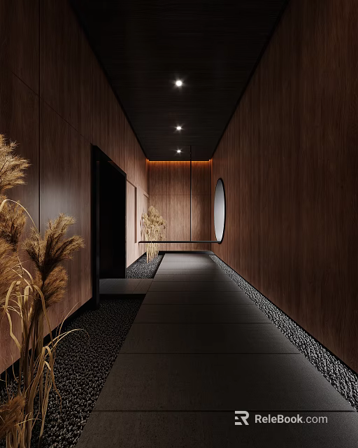 Dark Wooden Wall Corridor With Round Mirror Black Flooring And Recessed Lighting Dried Grass Decorations 3d model 