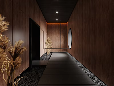 Dark Wooden Wall Corridor With Round Mirror Black Flooring And Recessed Lighting Dried Grass Decorations 3d model