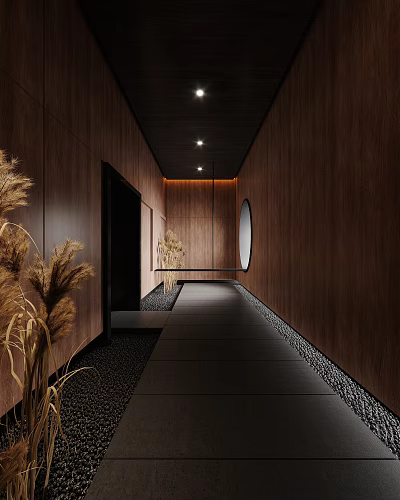 Dark Wooden Wall Corridor With Round Mirror Black Flooring And Recessed Lighting Dried Grass Decorations 3d model