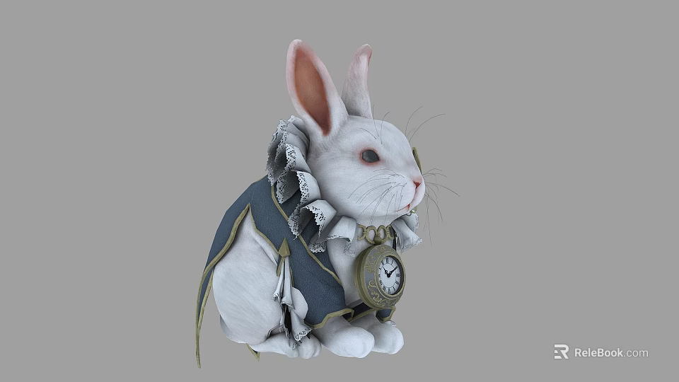 Cute White Rabbit With Pink Ears In Ruffled Outfit And Pocket Watch 3d model 