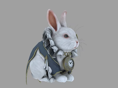 Cute White Rabbit With Pink Ears In Ruffled Outfit And Pocket Watch 3d model