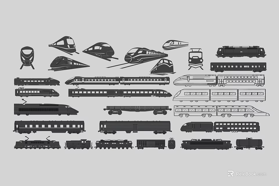 Different Types Of Train Silhouettes Including High Speed And Regular Trains Neatly Arranged 3d model 