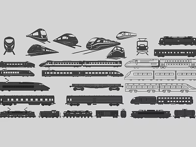 Different Types Of Train Silhouettes Including High Speed And Regular Trains Neatly Arranged 3d model