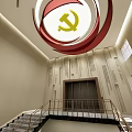 Modern Hall Interior With Red Ceiling Inscribed Walls Glass Doors And Staircase