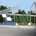 Triangular Architectural Structure With Glass Panels Metal Frame Green Plants And Outdoor Seating