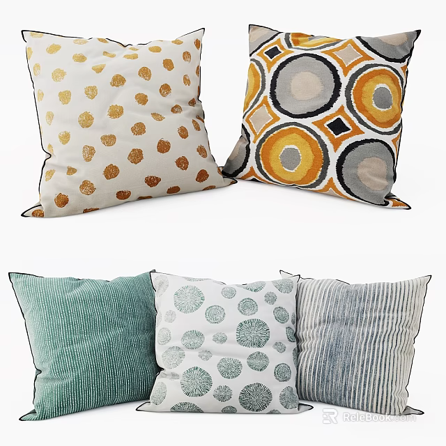 Decorative Throw Pillows With Various Patterns Including Polka Dots Circles And Stripes 3d model