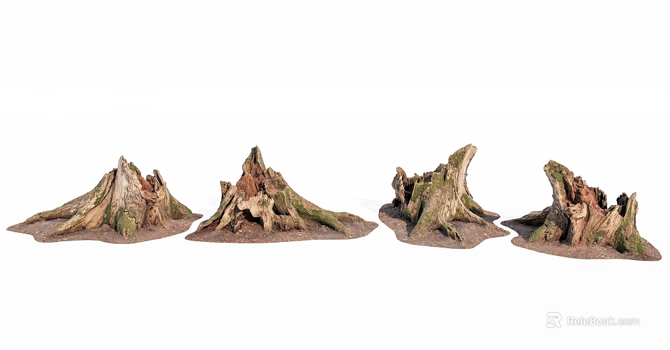 Rustic Wood And Stone Decorative Tree Stumps With Mossy Surfaces And Natural Texture 3d model 