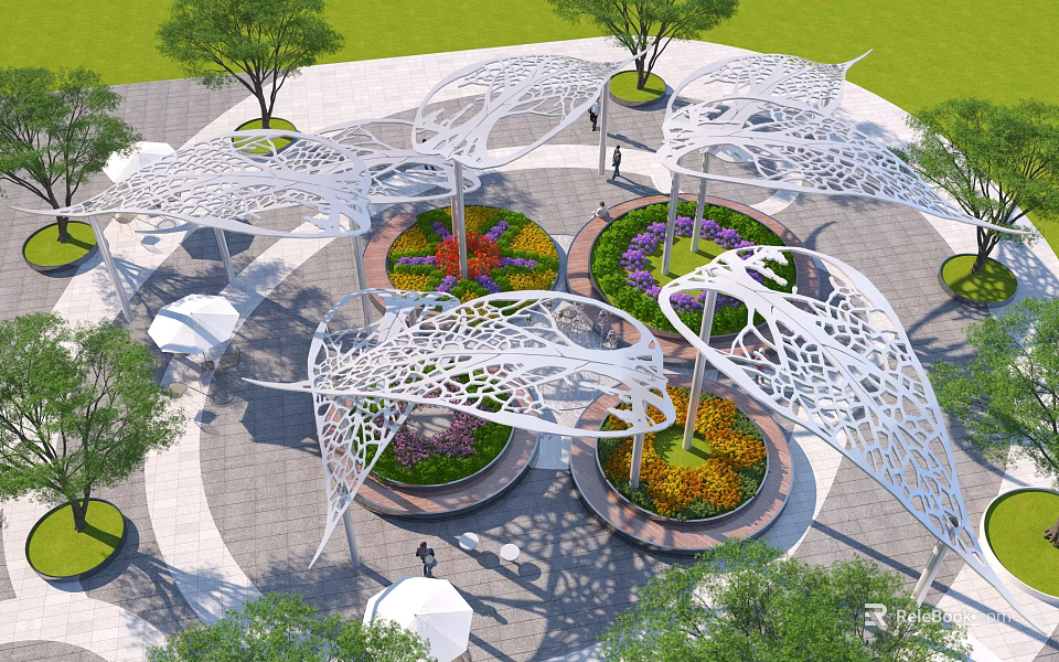 Outdoor White Hollow Pergola Design With Circular Flower Beds Green Trees And Paved Area 3d model 