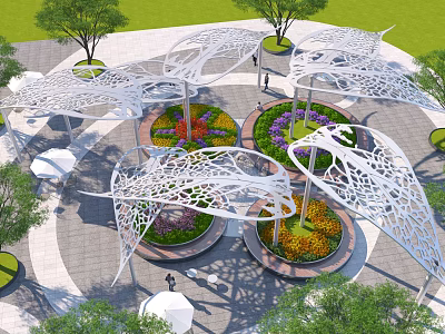 Outdoor White Hollow Pergola Design With Circular Flower Beds Green Trees And Paved Area 3d model