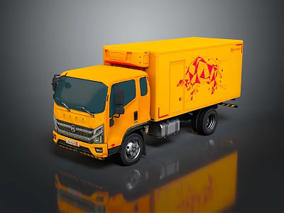 Yellow Box Truck Exterior with Red Graphic Design on Side Body 3d model