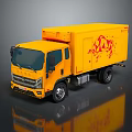 Yellow Box Truck Exterior with Red Graphic Design on Side Body