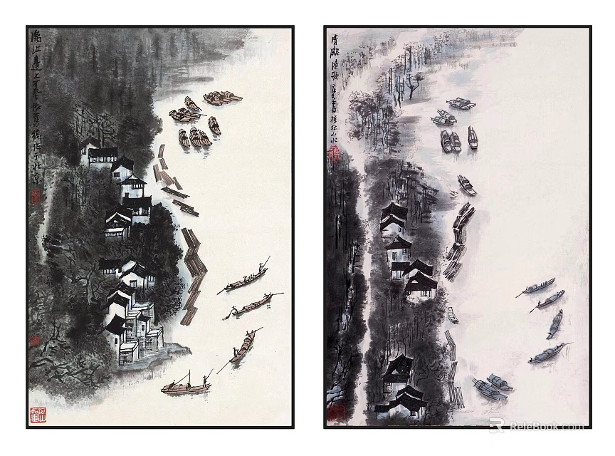 Chinese Traditional Landscape Painting With Mountains Boats And Village Houses 3d model 