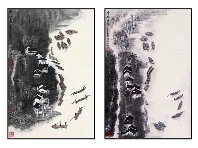 Chinese Traditional Landscape Painting With Mountains Boats And Village Houses 3d model