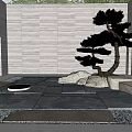 Modern Courtyard Garden With Styled Pine Tree Stone Paving And Rock Elements 3d model