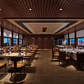 Cozy Restaurant Interior With Wooden Ceiling Flooring Tables Chairs Wine Rack And Window Views