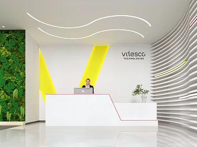 Front Desk Reception With Modern Design Green Living Wall Yellow Geometric And White Curved Wall 3d model