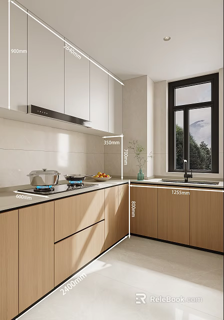 Modern Kitchen Interior With White And Wooden Cabinets Gas Stove Range Hood And Window 3d model 