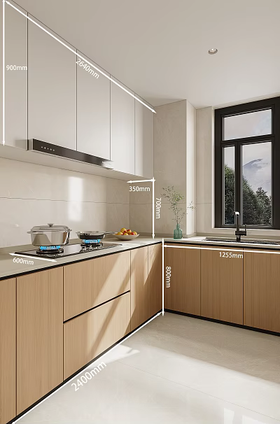 Modern Kitchen Interior With White And Wooden Cabinets Gas Stove Range Hood And Window 3d model