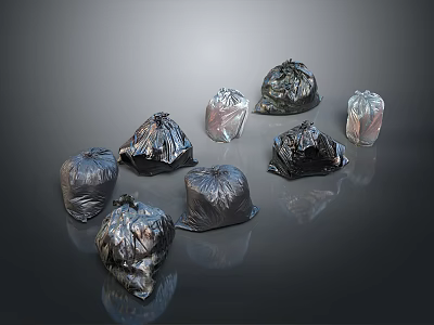 Household Essential Trash Bags Multiple Tied Black Silver Garbage On Reflective Surface 3d model