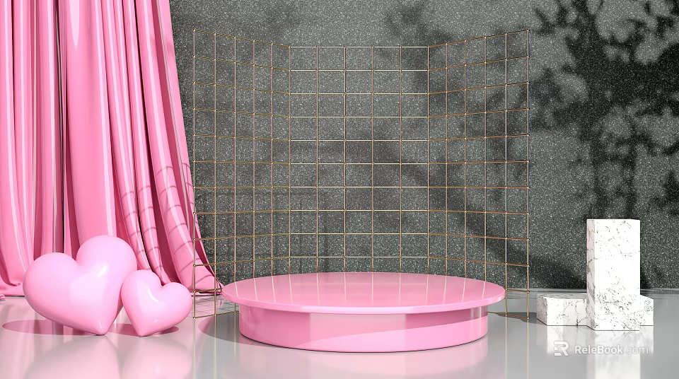 Pink Display Shelf With Gold Grid Background Round Platform And Heart Decorations 3d model