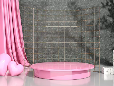 Pink Display Shelf With Gold Grid Background Round Platform And Heart Decorations 3d model