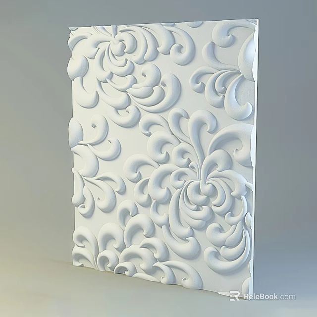 Decorative White Carved Sculptural Panel With Intricate Curved Floral Patterns 3d model