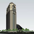Tall Office Building With Classical Top Design Vertical Stripes And Green Trees 3d model