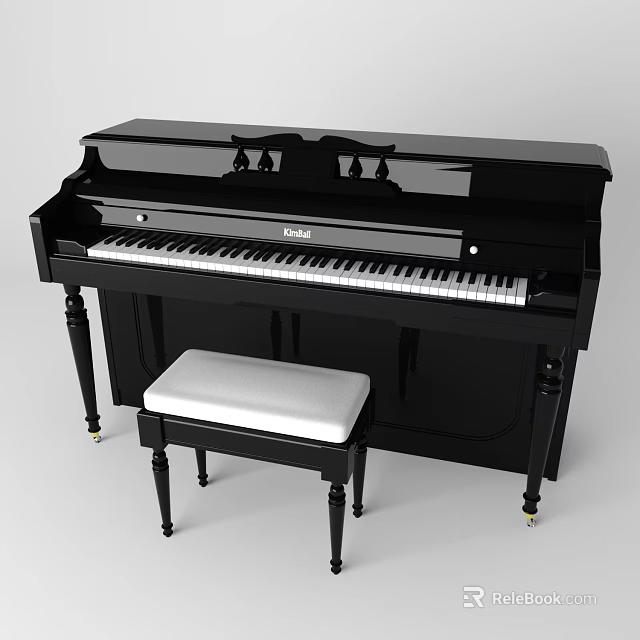 Elegant Black Upright Piano With White Padded Bench And Classic Style 3d model 