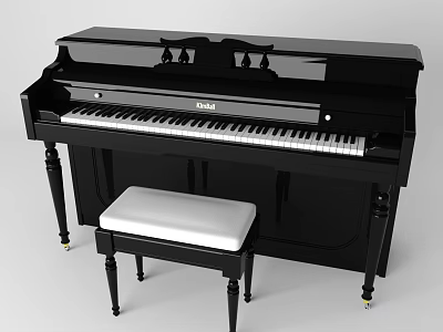 Elegant Black Upright Piano With White Padded Bench And Classic Style 3d model