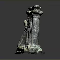 Scenic Ruined Stone Pillar Sculpture with Earth Yellow Gray Hues Worn Traces and Green Moss