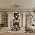 Elegant Living Room Interior With Green Armchairs Bookshelves Fireplace Chandelier And Beige Sofa
