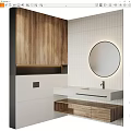 Modern Bathroom Vanity With White Tiled Walls Round Backlit Mirror And Wooden Cabinets
