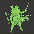 Man In Fantasy Warrior Outfit Holding Bow And Glowing Arrows With Cloak