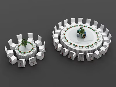 Two Round Dining Table Sets With White Chairs And Green Plant Centerpieces 3d model