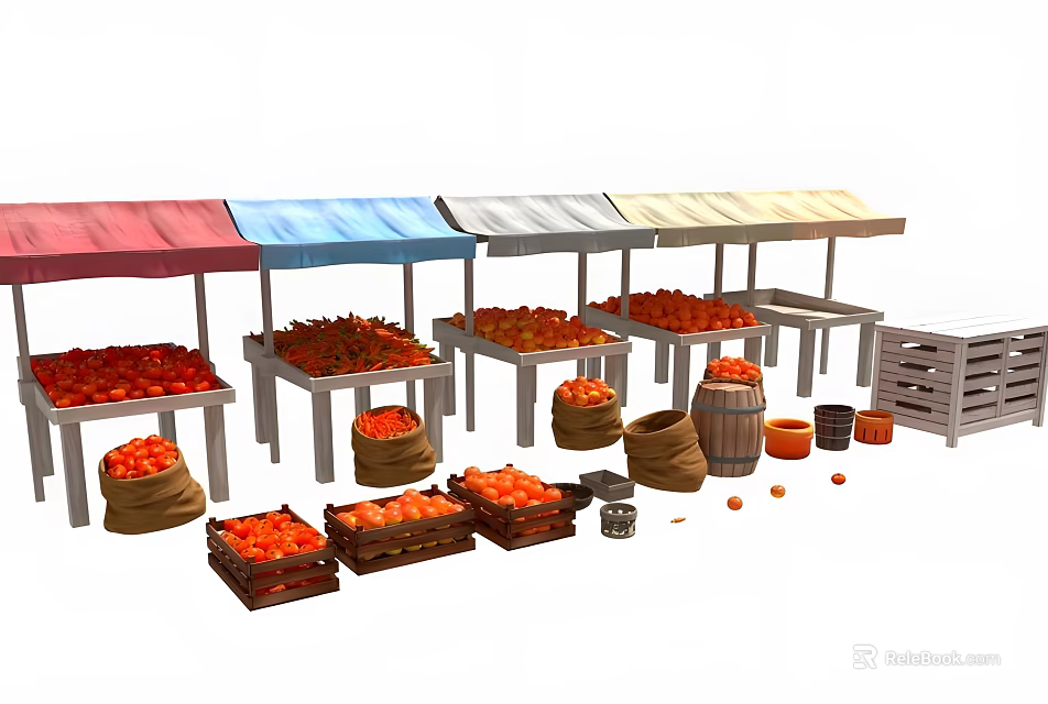 Colorful Awnings Stalls With Tomato Crates Sacks And Wooden Barrels 3d model 