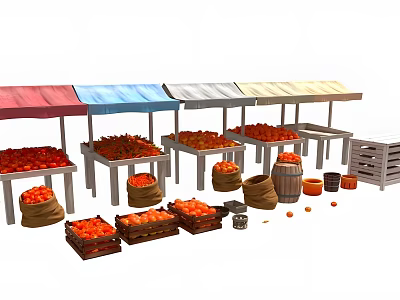Colorful Awnings Stalls With Tomato Crates Sacks And Wooden Barrels 3d model