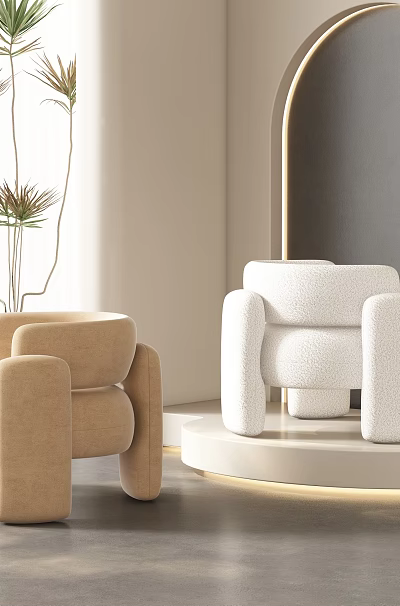 Modern Accent Chairs In Beige And White With Potted Plant Arched Niche And Soft Lighting 3d model