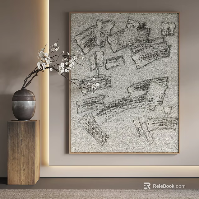 Abstract Painting with Expressive Lines and Textured Strokes Beside Wooden Pedestal White Flower Vase 3d model 